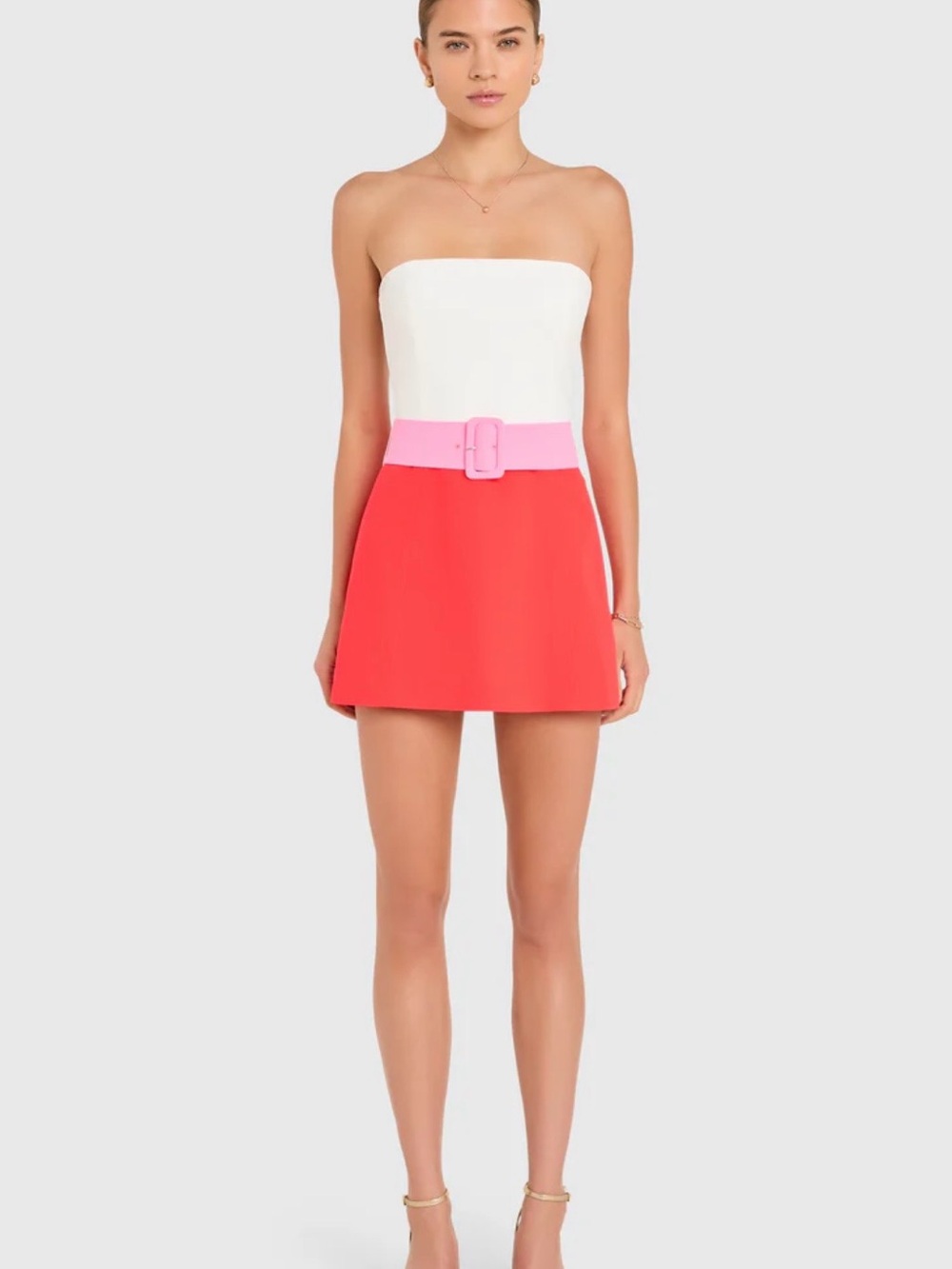 Strapless Colorblock Mini Dress with Pink Belt